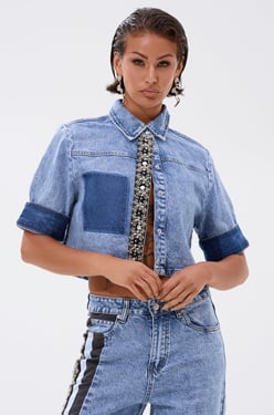 AKIRA Elevated Denim Button Down Top | Light Blue | Size XL