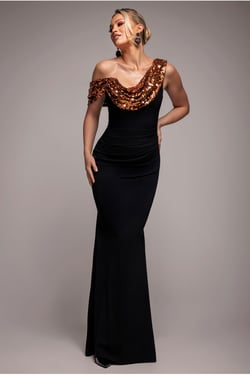 Goddiva Cowl One Shoulder Contrast Sequin & Scuba Crepe Maxi Dress - Bronze