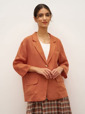 100% Linen 3/4 Sleeve Drop Shoulder Blazer DARA - Burnt Orange / XXL