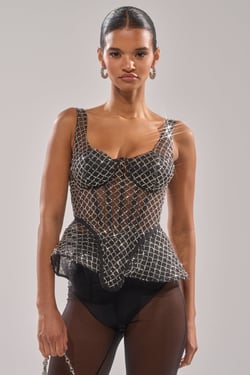 AKIRA Glitz And Glam Sheer Rhinestone Corset Top | Black | Size 1X