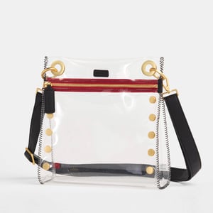 Hammitt Tony Clear Black Brushed Gold Red Zip Med