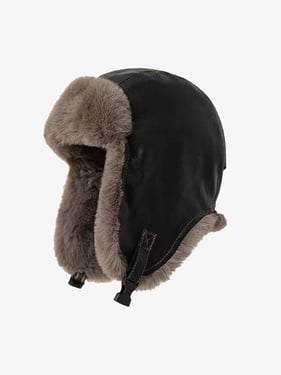 Vintage Distressed Leather Plush Trapper Hat - Black / ONE SIZE