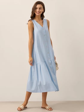 Linen Vacation Sleeveless V-Neck Mid-Length Dress CELINE - Ice Blue / XXL