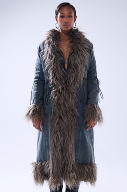 AKIRA Sade Fur Trim Denim Trench Coat | Size Medium