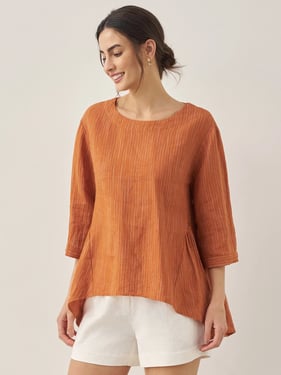 100% Linen Round Neck Artistic Stripe Top FLORENCE - Pumpkin Stripe / XXL