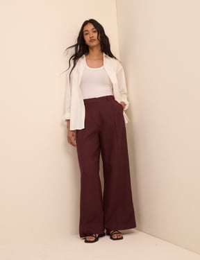Burgundy Linen-Blend Jax Wide Leg Trousers