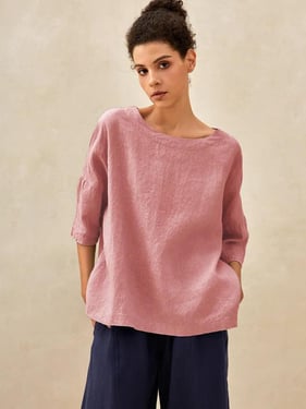 100% Linen Gingham Checked Boatneck 3/4 Length Sleeve Top - Coral Pink / M