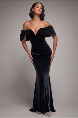 Goddiva Off The Shoulder Deep Plunge Velvet Maxi Dress - Black