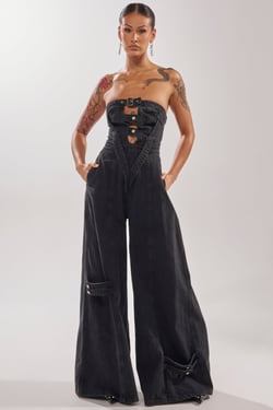 AKIRA So Yesterday Wide Leg Denim Jumpsuit | Black | Size 2X