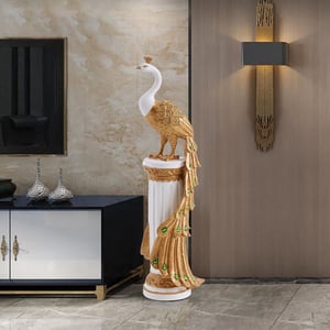 27.6" Large Glam Peacock Floor Sculpture Decor Art Living Room Bedroom in White & Gold
