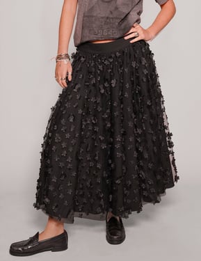 Mesh Maxi Skirt - Flower Pattern in Black