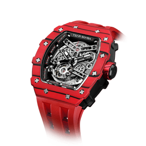 TSAR BOMBA Men's Automatic Watch | Carbon Fiber Luxury Skeleton Wristwatch | Bull Red | Elemental TB8208CF | Tonneau Mechanical Watch | Sapphire Glass | 50M Waterproof Sport Watch | Gift for Men