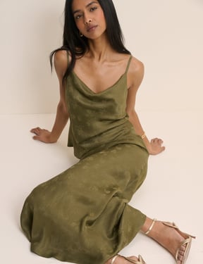 Khaki Jacquard Floral Satin Maxi Skirt