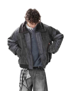 Vintage Distressed Pleated Shearling Collar Fleece Jacket - Black / XL