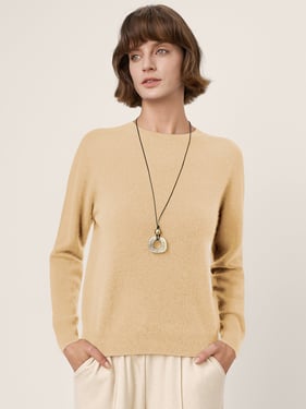 Premium Cashmere Blend Hand-Finished Seamless Crew Neck Ribbed Trim Knit Top WANDA - Khaki / XXL