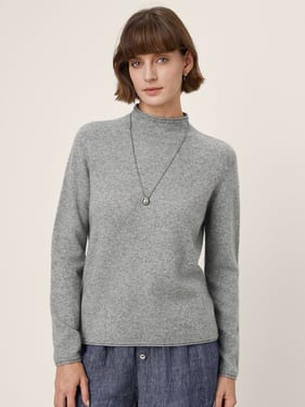 Premium Cashmere Blend Hand-Finished Seamless Mock Neck Lettuce Edge Sweater ZELIE - Light Grey / XXL