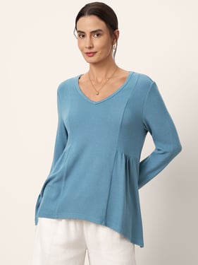 Wool-Blend Sweetheart Pleated Long Sleeve Top AMBER - Deep Cobalt / XXL