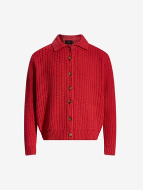 Retro Cable Knit Button-Up Collared Cardigan Sweater - Red / XL