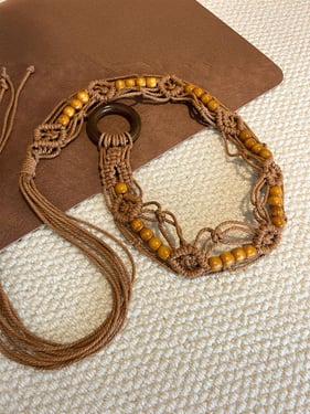 Bohemian Hand-Woven Waxed Cord Waist Rope With Wood Beads - Brown / One Size