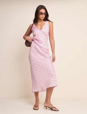 Pink and Brown Polka Dot Satin Midi Skirt