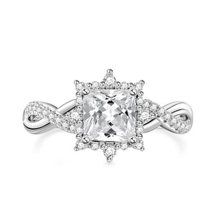 Jeulia Halo Twist Design Princess Cut Sterling Silver Engagement Ring