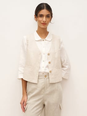 100% Linen V-Neck Buttoned Closure Vest DELIA - Natural Linen / XXL