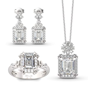 Jeulia Vintage Flower Halo Emerald Cut Sterling Silver Jewelry Set
