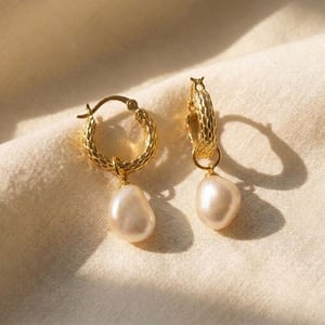 Elegant Gold Plated Basket Weave Hoop Earrings with Freshwater Pearl Charm