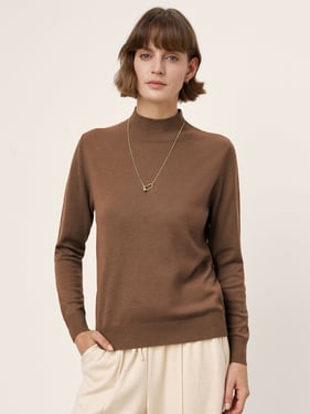 100% Extra-Fine Merino Wool Crew Neck Ribbed Knit Sweater CASSIA - Walnut / XXL