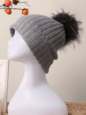 100% Cashmere Rib-Knit Slouchy Beanie With Pom-Pom - Mid Gray / One Size