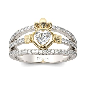 Jeulia Two Tone Heart Cut Claddagh Sterling Silver Ring