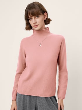 100% Mongolian Cashmere Rolled-Edge Turtleneck Sweater GIA - Pastel Pink / XXL