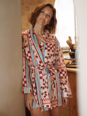 Womens Pink Tomato Kisses Voile Mini Grandpa Dressing Gown - XS / 6-8 / Pink
