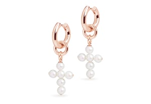 Small Hoop and Cross Pearl Charm Rose Gold Earring Set