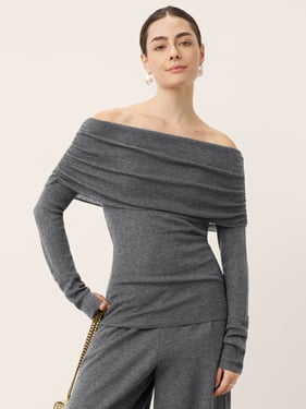 Merino Wool Oversized Lapel Convertible Off-Shoulder Top XYLIA - Charcoal Grey / L