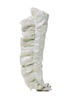 AKIRA Azalea Wang Flautist Silver Ruffle Rhinestone Boot | Size 6