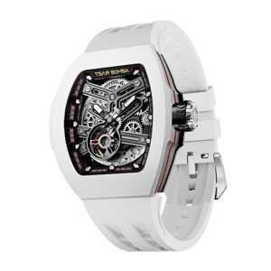 TSAR BOMBA Men's Automatic Skeleton Watch | Interchangeable Luxury Design | White with Black Dial | Atomic TB8218 | Fluororubber