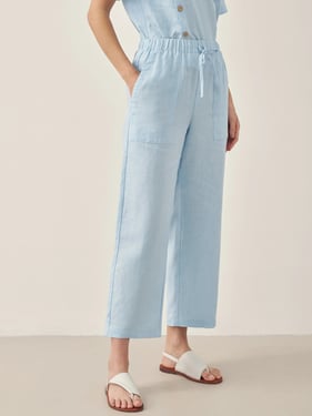 100% Linen Short-Sleeve Round Neck Button Detail Top & Pants Set JOSIE - Baby Blue / Pants / XXL