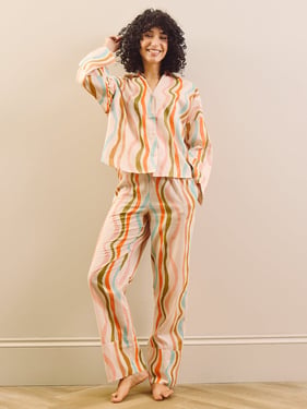 Womens Oatmeal Cream Rainbow Waves Voile Relaxed Shirt Pyjama Set - 3XL / 22-24 / Oatmeal
