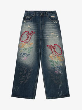 Retro Rhinestone Letter Embroidery Distressed Baggy Jeans - Blue / 3XL