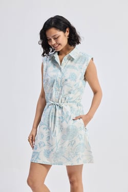 Drawstring Shirt Dress in Blue Florals - Floral Melody / XL