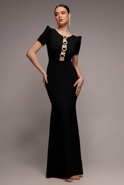 Goddiva Diamante Embellished Heart Brooch Scuba Maxi Dress - Black