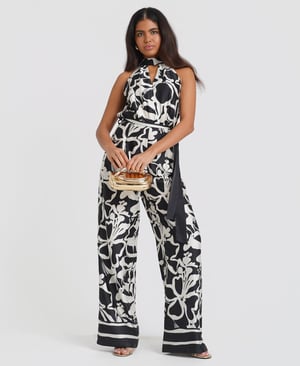 Black Floral Satin Halterneck Jumpsuit - 20