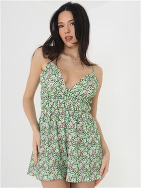 Brave Soul Low Cut Floral Playsuit - Green/Blue - XS