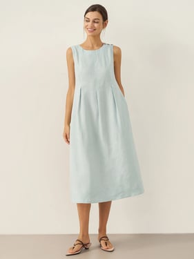 100% Linen Sleeveless Shoulder Button Midi Dress FREYA - Aqua Blue / XXL