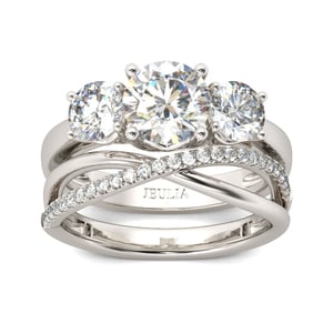 Jeulia Three Stone Crossover Round Cut Sterling Silver Ring Set