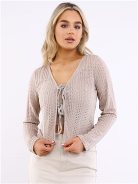 Brave Soul Lana Crochet Mesh Tie Front Top - Putty - 6