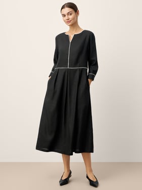 Linen-Lyocell Contrast Trim Gathered Maxi Dress NYX - Charcoal Black / XXL