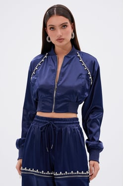 AKIRA Call Back Satin Bomber Jacket | Size Large