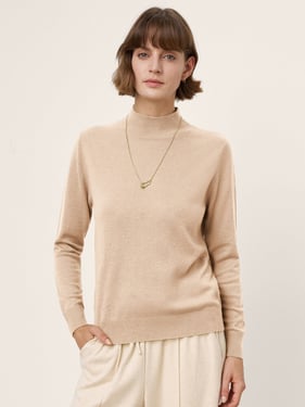 100% Extra-Fine Merino Wool Crew Neck Ribbed Knit Sweater CASSIA - Almond / XXL
